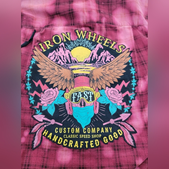 Iron Wheels Moto Flannel Shirt Shacket Harley Davidson Patch & Fringe Upcycled - Picture 4 of 13